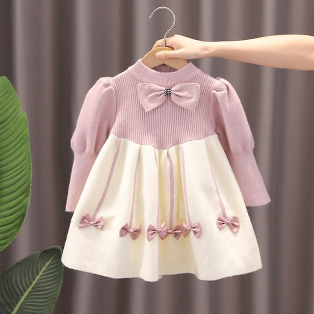 RXIRUCGD Robe à Manches Longues à Col Rond pour Fille de 1 à 8 Ans, Mignonne, en Dentelle Patchwork, avec Nœud Loli ( Rose, Taille : 2-3 Ans )