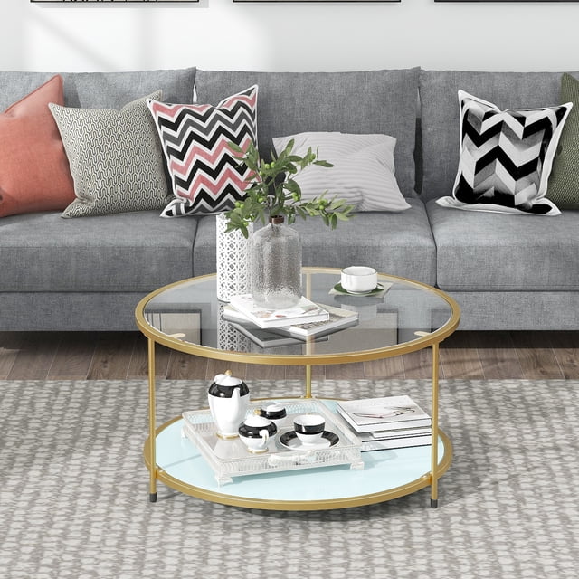 Mesa de centro redonda para sala de estar Mesa pequeña y elegante Parte superior de cristal Patas de acero 84 x 45,5 cm Dorado esquí esquí Gafas de esquí