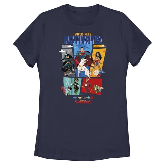 Women's DC League of Super-Pets Activate Group Panels  Graphic Tee Navy Blue Large