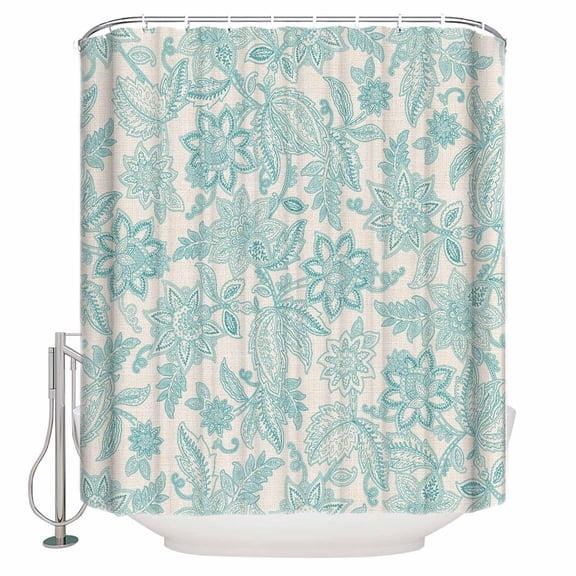 Fabric Shower Curtain Retro Floral Teal Flowers Line Texture Linen Background Shower Curtains with 12 Hooks Waterproof Machine Washable Bath Curtains for Bathroom, 36 x 78in