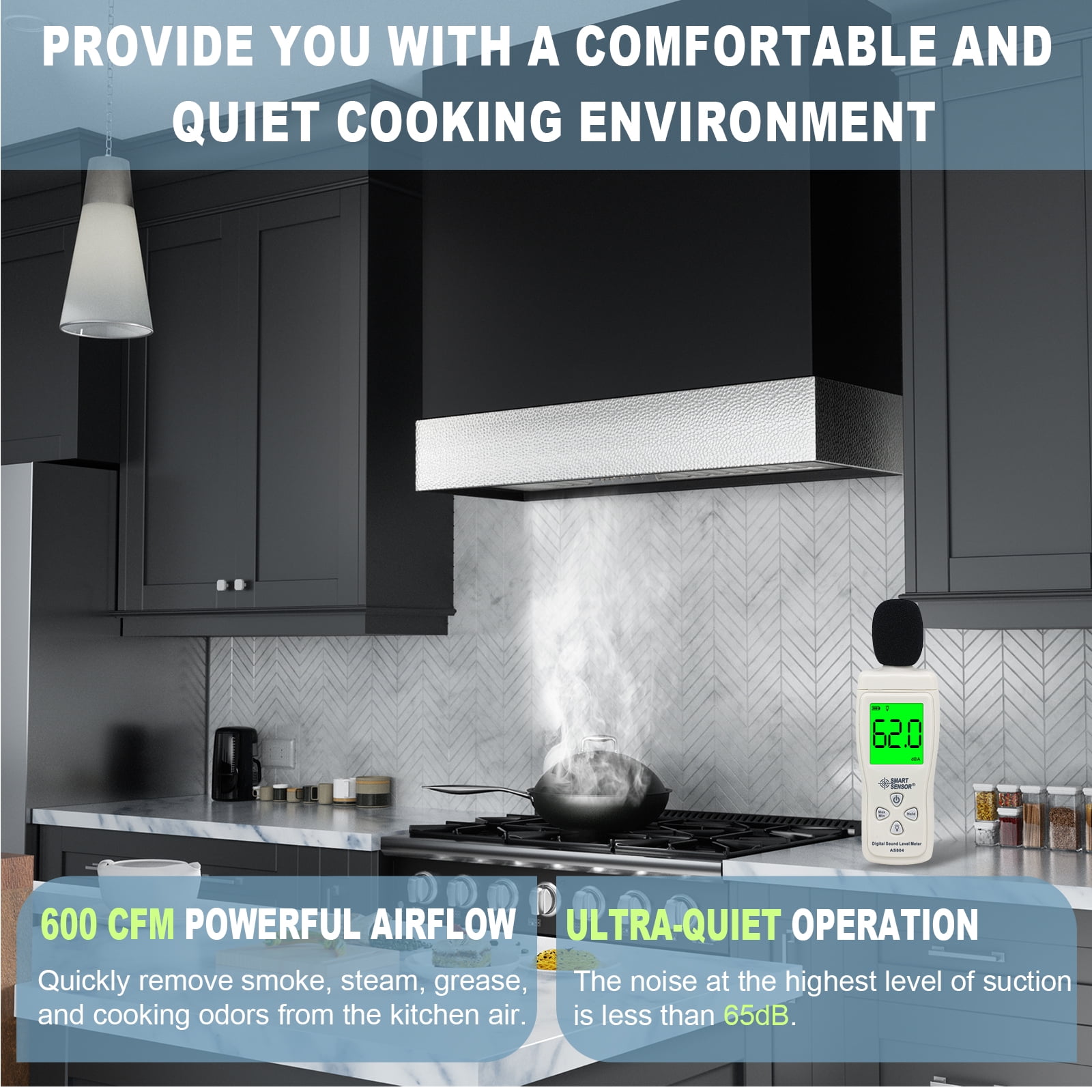 Akicon 600 CFM Wall Mounted Range Hood, Stainless Steel Range Hood 30 inch, Energy Saving, Ducted Kitchen Hood for Cooking, Powerful Vent Motor, Jet Black with Nickel