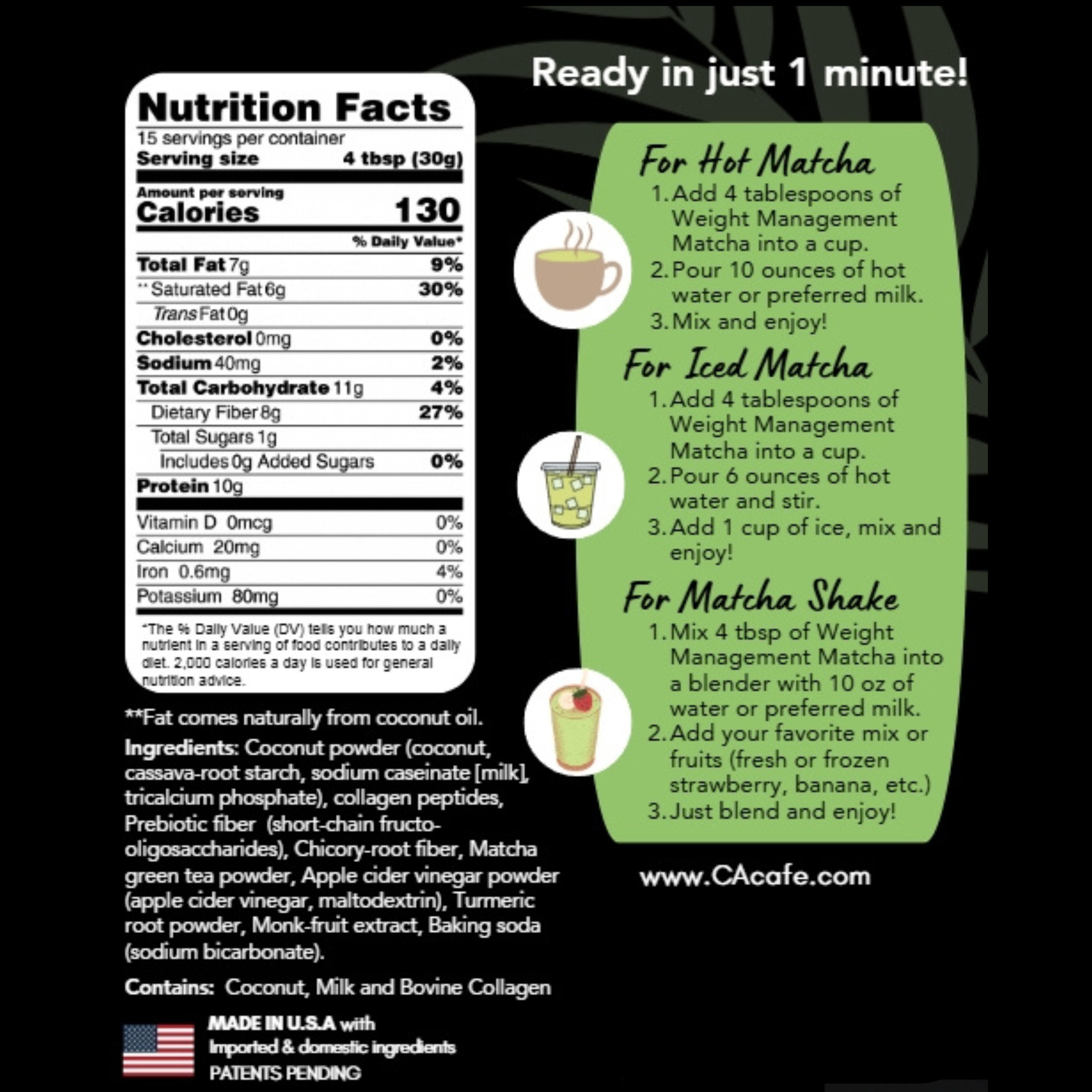 CAcafe Weight Management Matcha No Sugar(Updated Formula)16OZNon- GMO, Gluten Free, No Added Sugar
