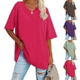thumbnail image 2 of Fanxing Women Summer Tshirts Oversized Tees Trendy V Neck Short Sleeve T-Shirts Loose Fit Solid Tee Shirt Hot Pink,M, 2 of 6