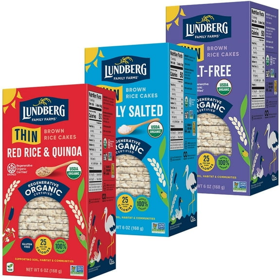 Lundberg Thin Brown Rice Cakes Variety 3-Pack – Regenerative Organic Certified Lightly Salted, Salt-Free, and Red Rice & Quinoa (Salt-Free), Healthy Snacks, 6 Oz Ea