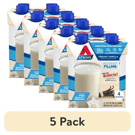(5 pack) Atkins Protein Shake, Creamy Vanilla, Keto Friendly, Gluten Free, 4 Ct (Ready to Drink)