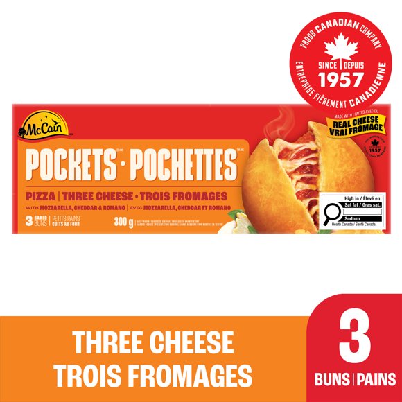 McCain® Pizza Pockets® Three Cheese, Made in Canada from domestic and imported ingredients, 3 x 100g