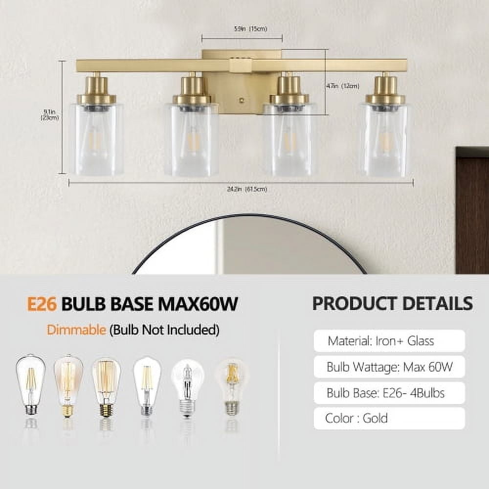 Hi-LIGHTS,Golden 4-Light Vanity Light with Clear Glass Shades(Bulbs Not Included),Bathroom Wall Fixture for Bathroom,Dressing room,Living Room,Bedroom(Golden)
