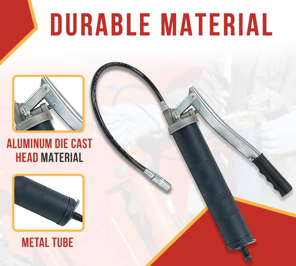 Lever Action Grease Gun Heavy Duty Maximum Pressure - 10,000 PSI with 18-inch Whip Hose - Aluminium Cast Head - Capacity 16 oz Bulk/ 14oz Cartridge