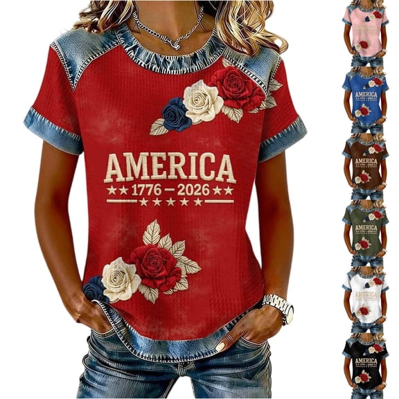 250 Anniversary USA Shirt Womens Tops Jean Shirts for Women Denim Patchwork Waffle Short Sleeve Crew Neck Shirts 1776-2026 250Th American Birthday Flower Printed Shirt Graphic Tees Army Green L