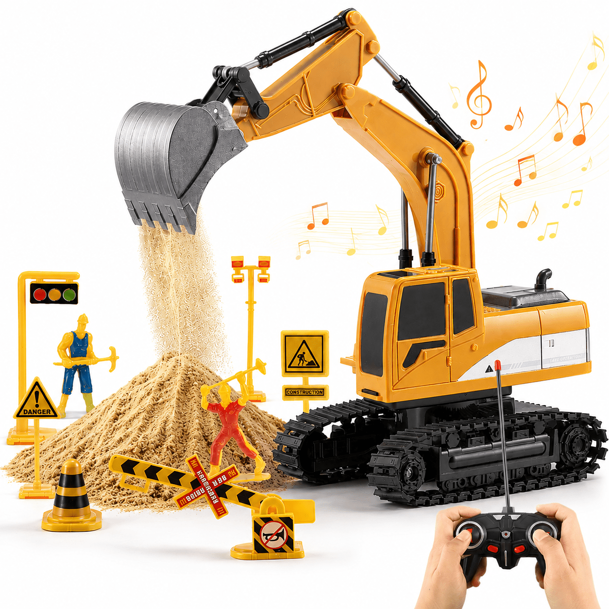 Petbank Remote Control Excavator for Kids, 6 Channel Rechargeable RC Truck Excavator Construction Vehicle, Navvy Toys with Metal Shovel Lights Sounds for Boys Girls Gifts