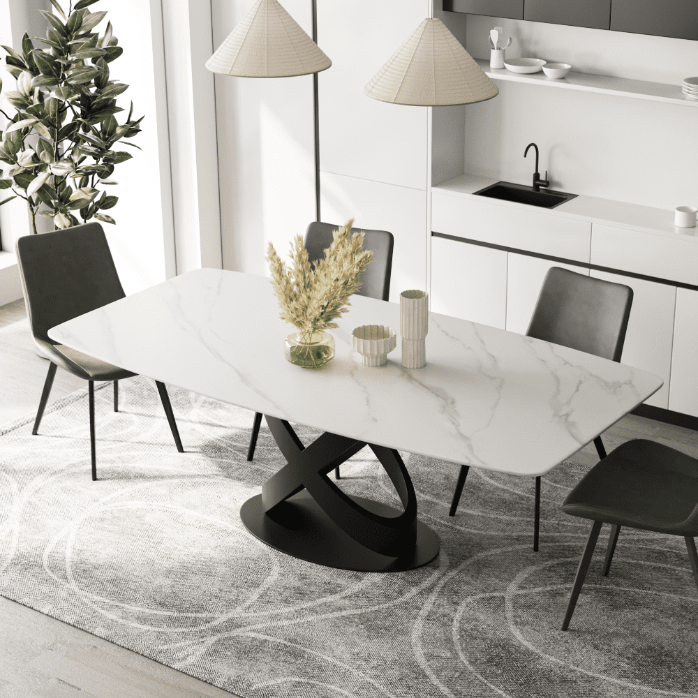 POVISON 63" Dining Table - Black Marble Sintered Stone Top With Dark Grey Steel Base, Seats 4