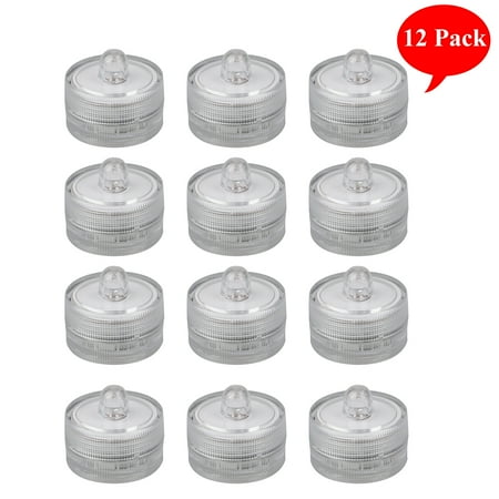 - 12 Pack Waterproof Submersible Underwater Wedding Battery LED Tea Light Totally safe Lighting for parties, weddings with batteries 1.06x1.06x0.98inch