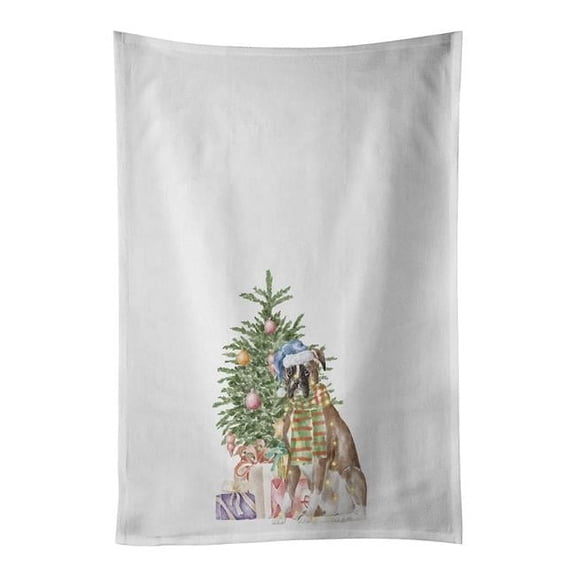 Boxer Christmas Presents and Tree White Kitchen Towel Set of 2 19 in x 28 in