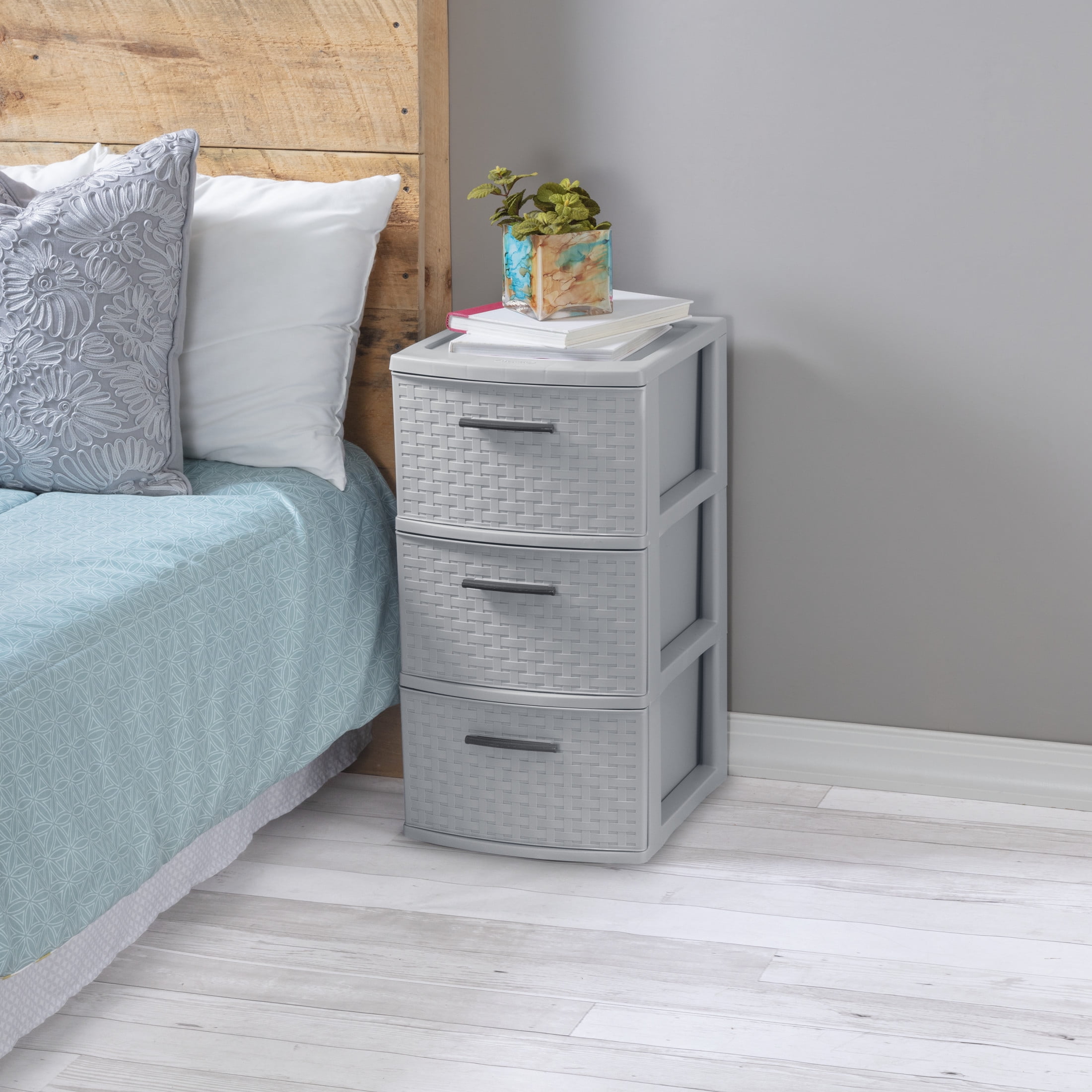 Sterilite 3 Drawer Weave Tower, Plastic Décor Drawers with Pull Handles, Gray
