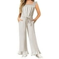 thumbnail image 7 of Summer Ruffle Sleeve Girls Plain Casual Jumpsuit Children Kids Elastic Waist Wide Leg Romper for 5-14 Years, 7 of 7