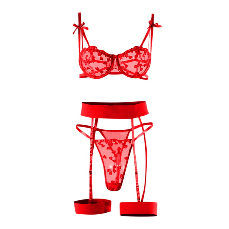 JasmyGirls Kawaii Lingerie Sexy Bow Tie Lingerie Red Unwrap Me Teddy  Babydoll Two Piece Lace Bra and Panty Set Strap Harness Outfit