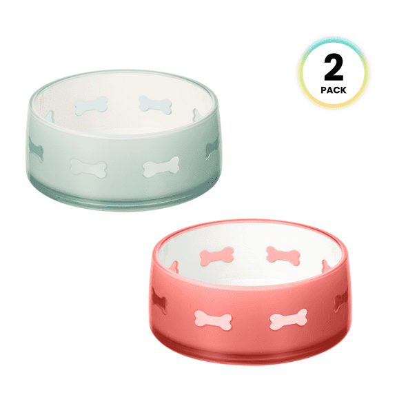 Felli Duo World Pet Non-Slip SAN-Plastic Food & Water Bowl Set with 2 Pet Bowls for Dogs, Mint & Blush Bone Accent Design (2 Pack)