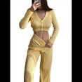 thumbnail image 3 of Traje Informal de Dos Piezas para Mujer, de Punto Liso, con Aberturas, Larga, Botones y Pantalones de Cintura Alta. Amarillo M, 3 of 8