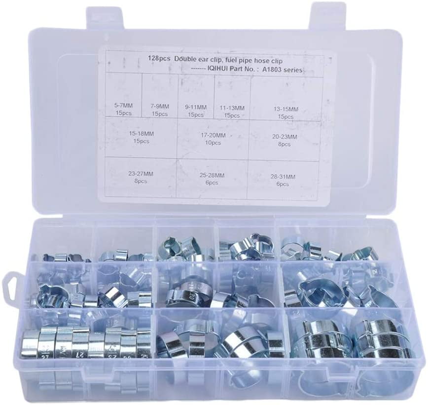Stainless Steel Wire Tube Pipe Fuel Line Clip Assortment kit 128PCS 5-31 mm Double Ear Stepless Hose Clamps
