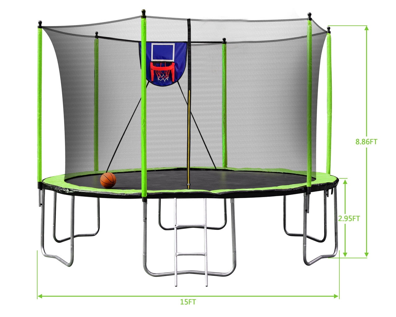 15FT Trampoline with Basketball Hoop, Ladder & Inflator, Outdoor Backyard Trampoline with Safety Enclosure Net, Rust-Resistant Galvanized Frame for Kids & Adults, Green