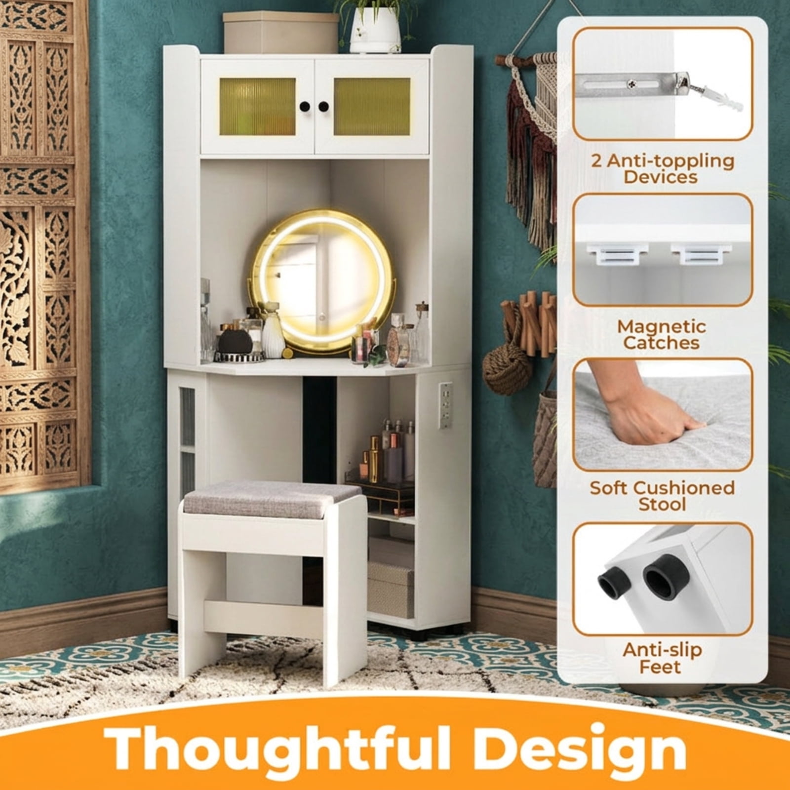 Furnibear Compact Corner Vanity Desk with 360 Rotating Lighted Mirror Cabinets and Stool for Small Bedroom Makeup Room, White
