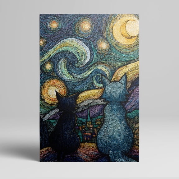 Topbout Art Luxury Van Gogh Style Starry Night Two Cats Canvas - Living Room Wall Art