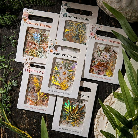 240 Pcs Floral Stickers, Gold Foil & Holographic Clear Background, for Bullet Journals DIY Crafting, Pretty Retro Botanical Decals