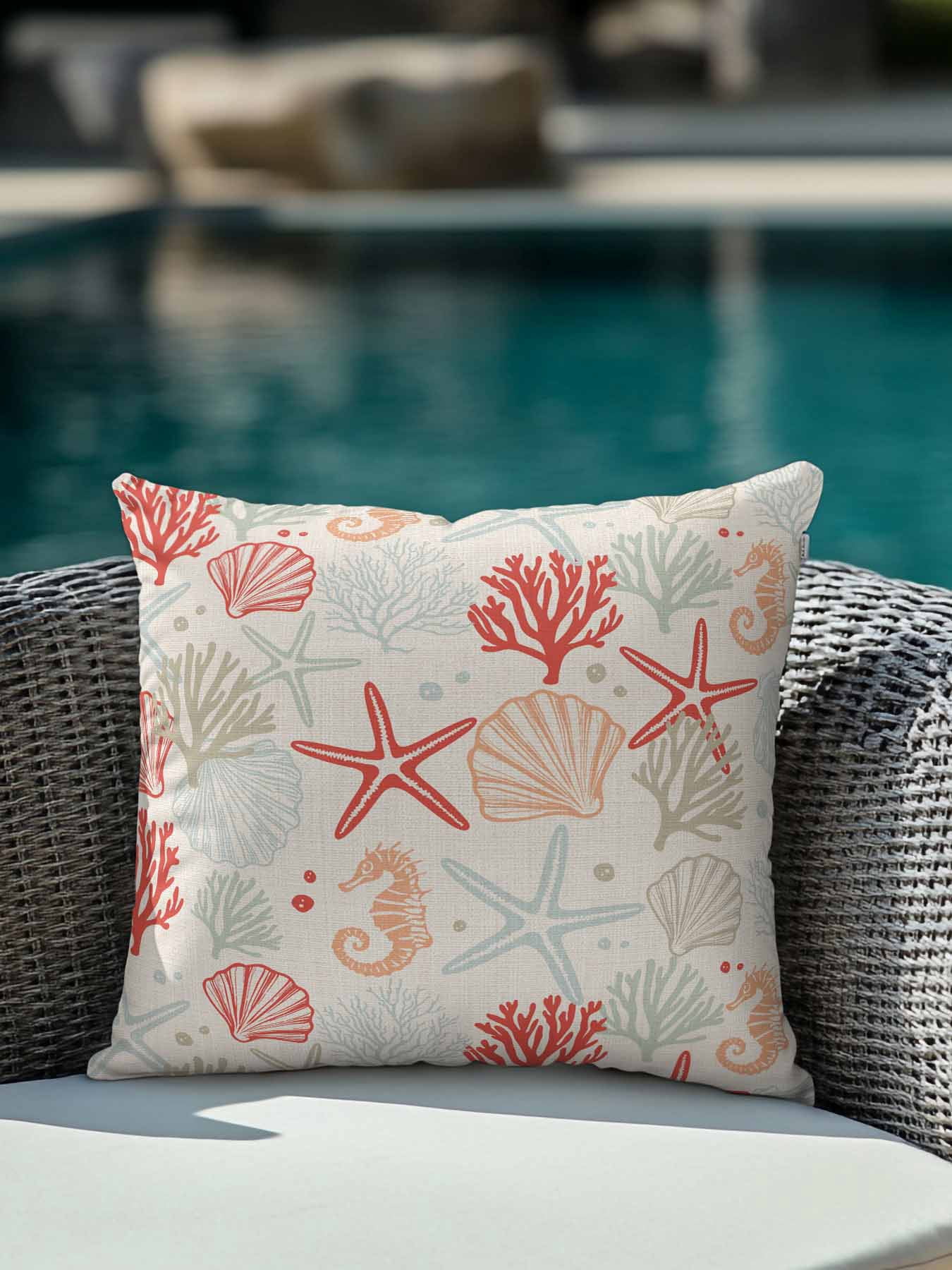 Waterproof Outdoor Throw Pillows with Inserts 18"x18", Red Orange Coastal Soft Decorative Pillowcases for Couch Bedroom, Summer Beach Starfish Coral Nautical Rustic Pillow Covers for Sofa Living Room