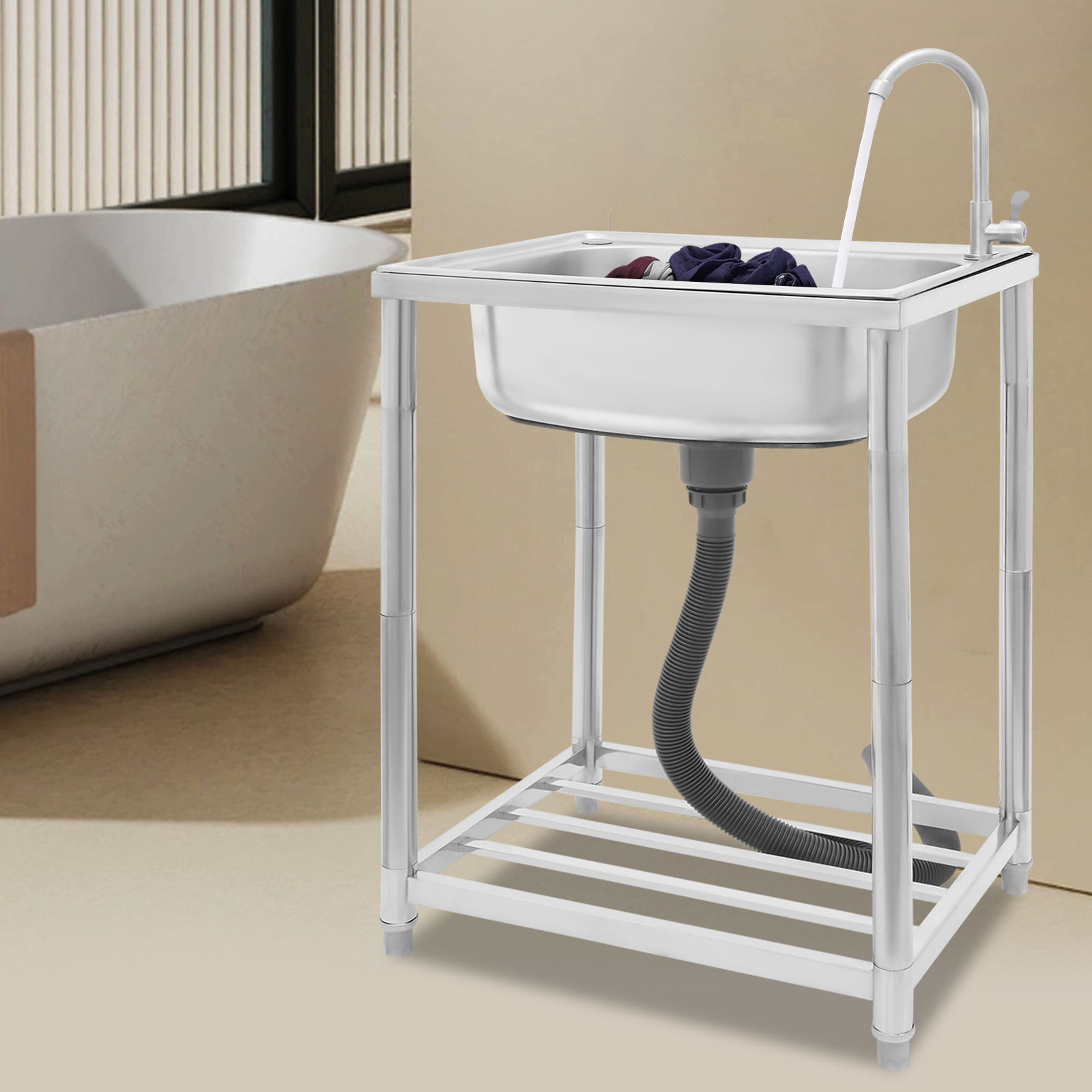 Kitchen Sink, Stainless Steel Sink, Free Standing Single Bowl Sink, widely used in homes, outdoors, restaurants, laundry rooms, basements, bars