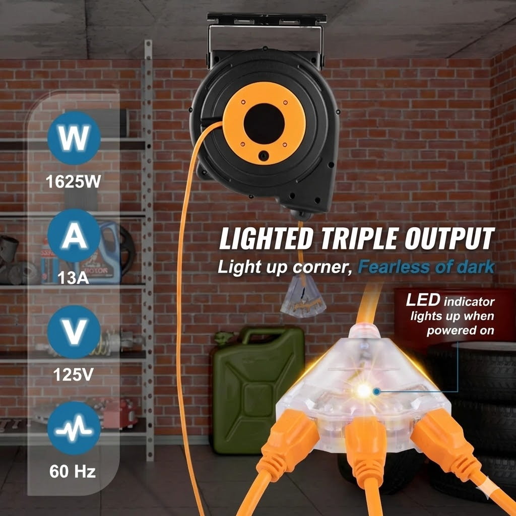 50ft Heavy Duty Retractable Power Cord Reel With 180 Degree Swivel Bracket,14AWG Durable Extension Cord Reel With Lighted Outlet For Mounting Ceiling or Wall Mount