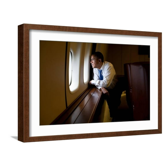 Art.com President Barack Obama Looks Out at the Australian Landscape from Air Force One, Nov. 17, 2011 Premium Photographic Print, Brown Frame Wall Art, 23" x 17"
