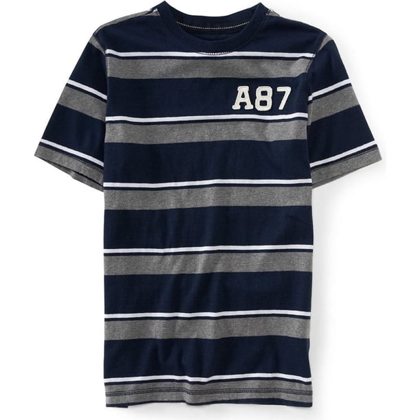 Aeropostale - Playera gráfica con cuello en V y rayas A87 para hombre, azul, XX-Large Aeropostale Camiseta gráfica
