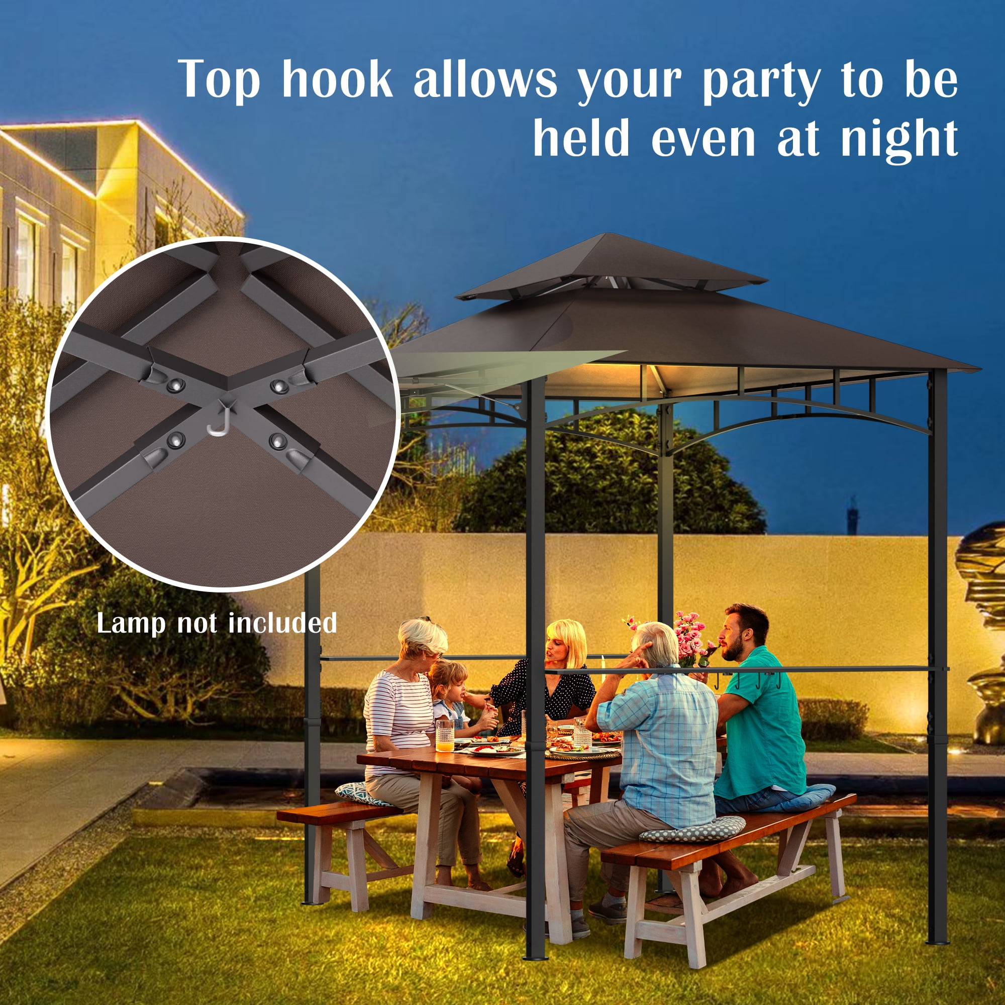 Haverchair 8x8 FT Grill Gazebo with Side Awning, 2-Tier Barbecue Canopy Shelter with 2 Shelves, 7 Hanging Hooks, Bottle Opener, Outdoor Grilling Awnings Tent for Backyard Garden Poolside