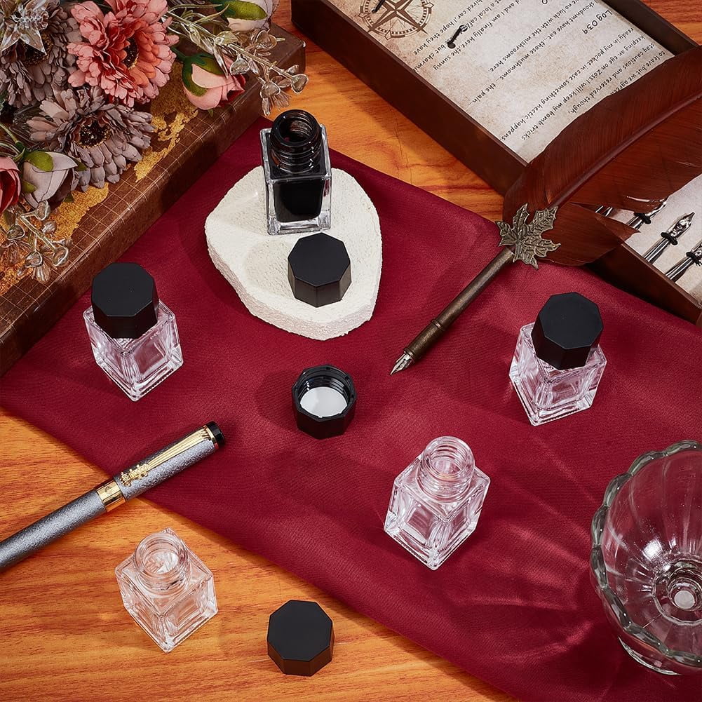 1set 12pcs Glass Fountain Pen Ink Bottle with Plastic Bottle Cap and 4pcs Funnel Hopper & 6pcs Dropper Clear 66x29x29mm Capacity: 18ml(0.61fl. oz)