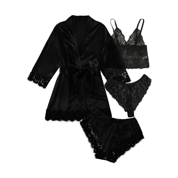 Conjunto de pijama Sexy de cuatro piezas para mujer, ropa interior con dobladillo de encaje, bragas, pantalones cortos y camisón, ropa de dormir