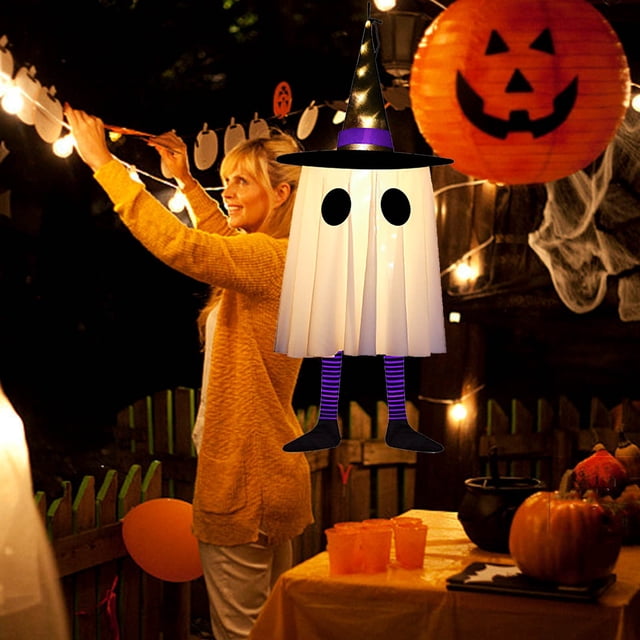 Halloween Wizard Hat Ghost Led String Lights | Spooky Indoor Hanging Decoration | Polyester Material | Battery Operated with 3 Flashing Modes | Halloween Party Decor | Witch Hat Ghost Pendant