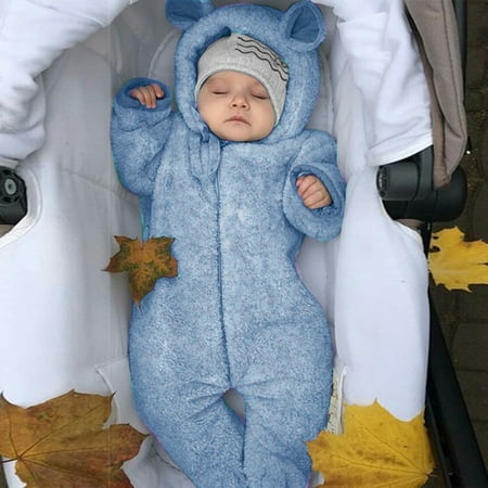 

Juebong Winter Savings Clearances Newborn Baby Boy Winter Fleece Jumpsuit Solid Hooded Romper Warm Coat Outwear