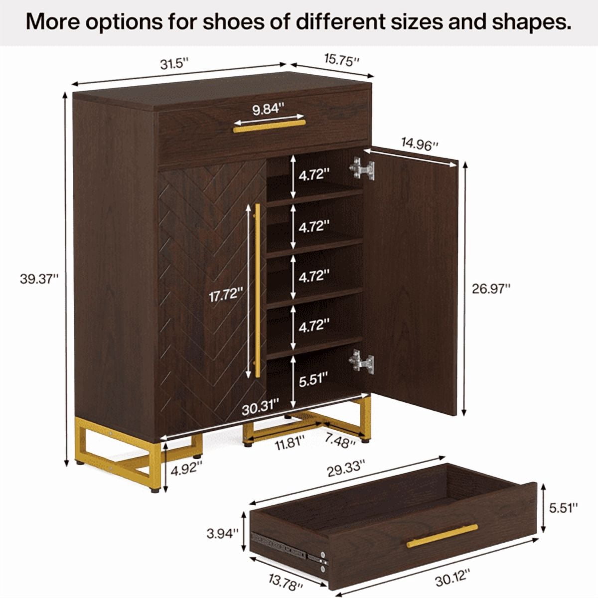 5-Tier Shoe Cabinet with Drawer - 20-Pair Capacity, Adjustable Shelves, Walnut Finish with Gold Accents, for Entryway/Living Room