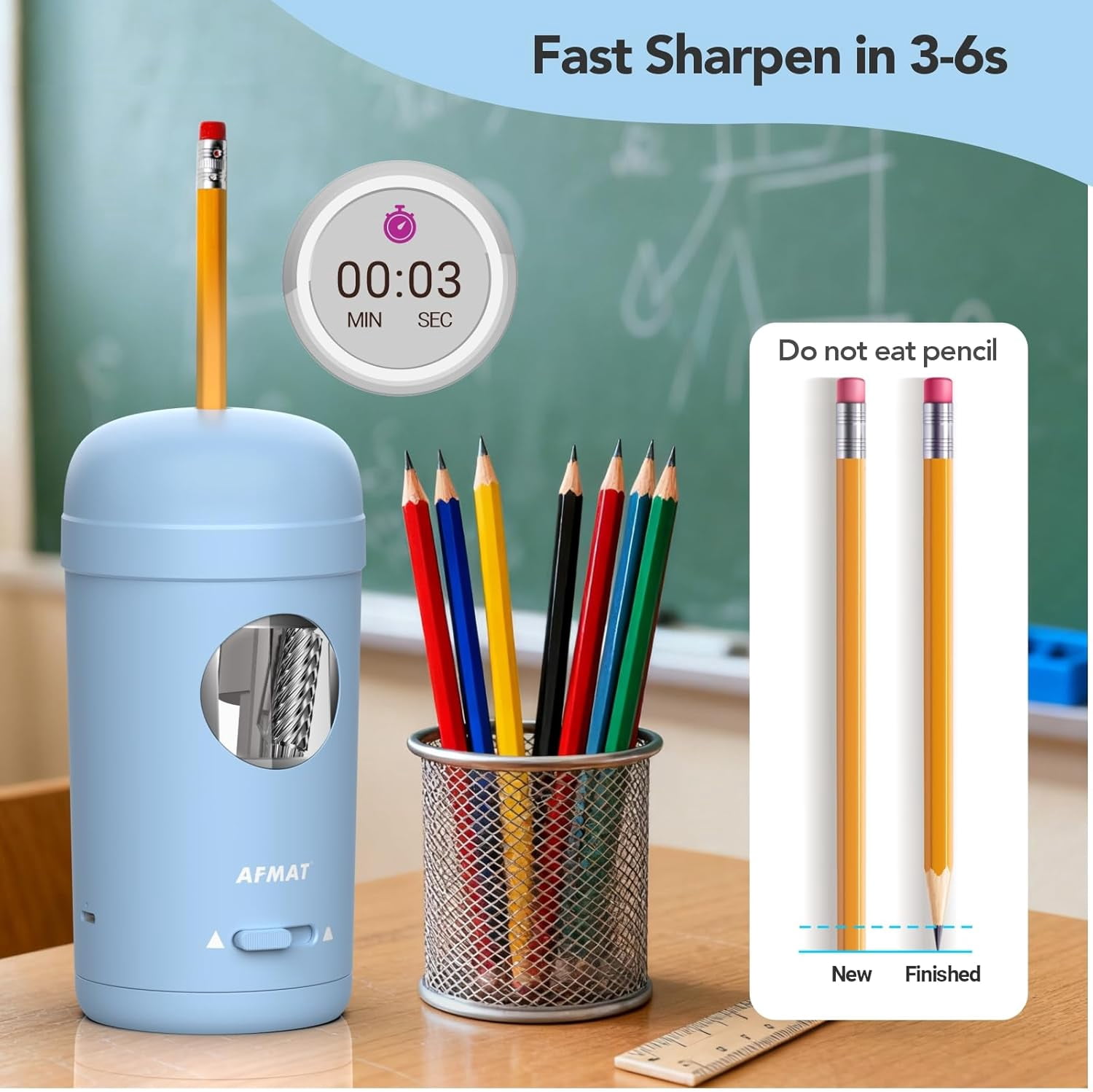 AFMAT Electric Pencil Sharpener, Fully Automatic Pencil Sharpener for 7-8mm Pencils & Colored Pencil, Auto in & Out, Rechargeable Vertical Hands-Free Sharpeners for Classroom/Home/Office,Blue
