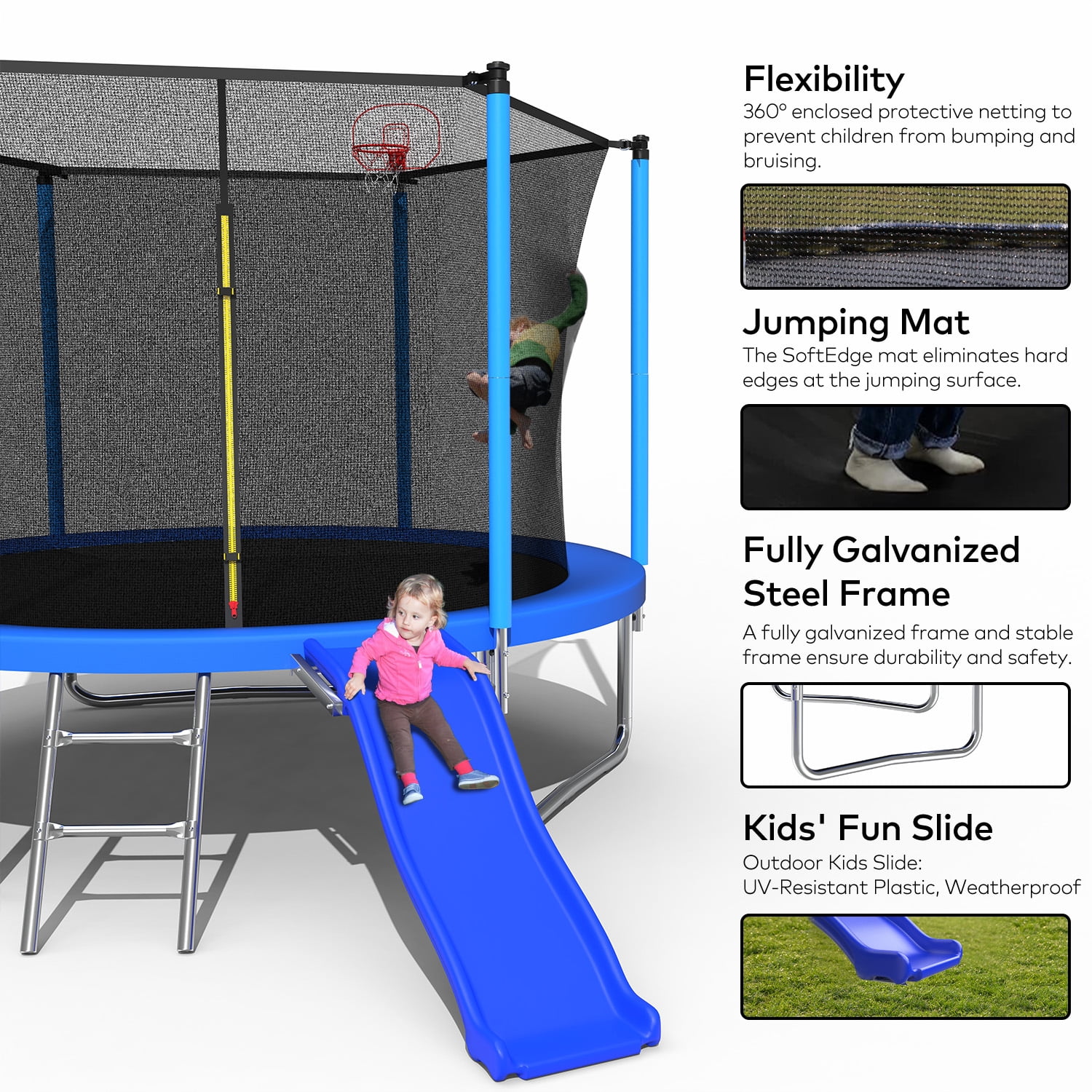 Mersco 10FT Heavy Duty Trampoline with Enclosure Net , Slide Outdoor Big Trampoline for Backyard,Kids Trampoline with Basketball Hoop,Birthday and Holiday Gifts for Kids,Blue