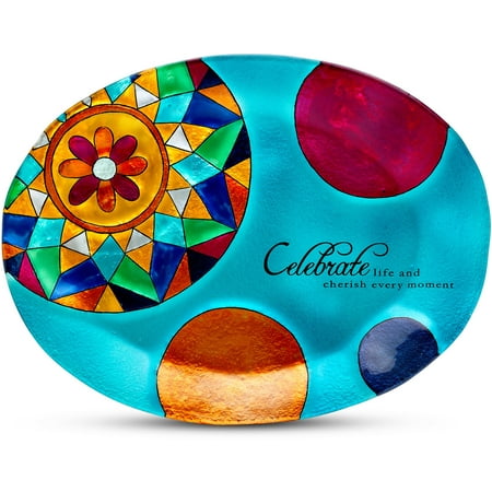 Pressed Glass Serving Plates Pavilion- Celebrate life and cherish every moment 12x9 Oval Blue Polka Dot Glass Decorative Serving Plate ()