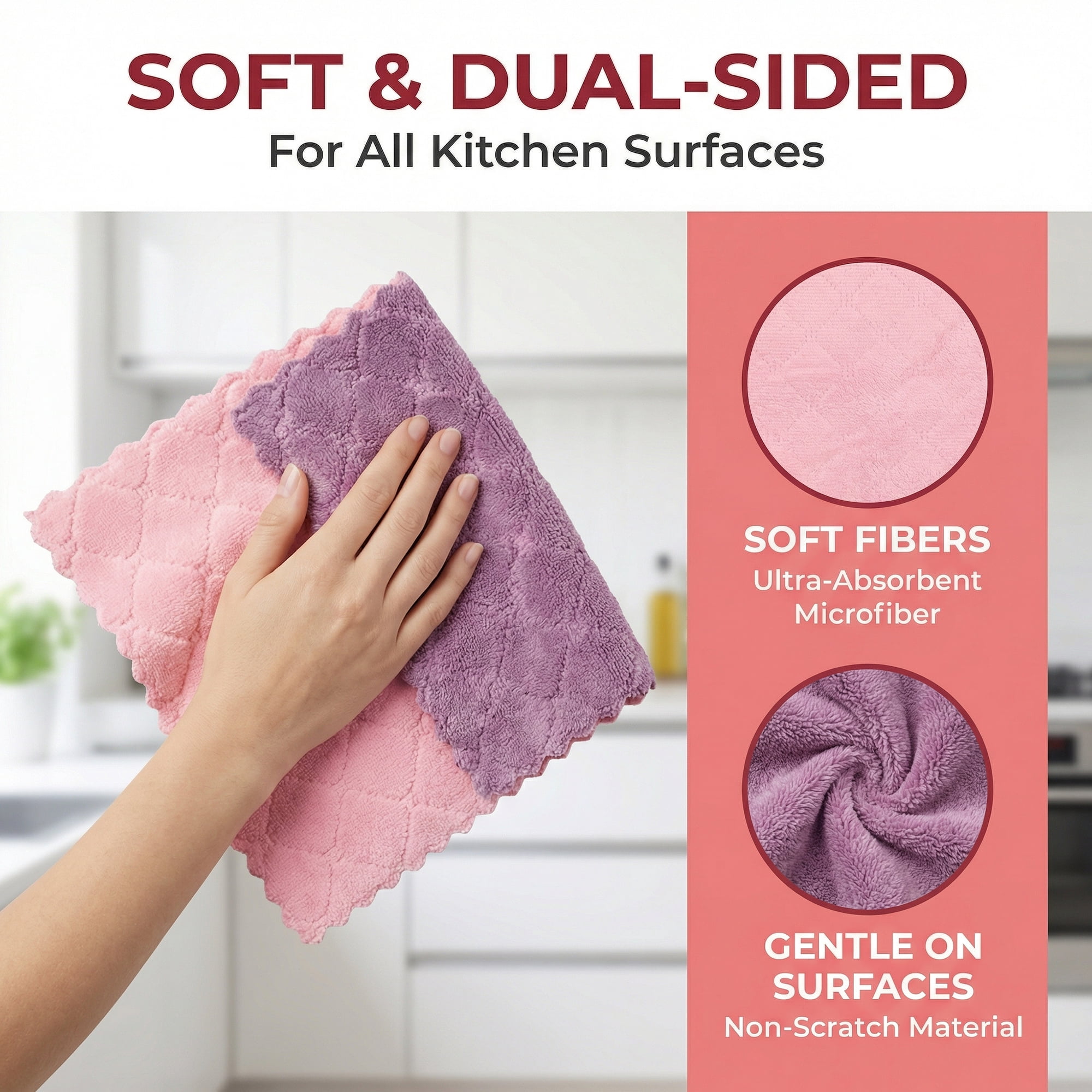 Unique Bargains 3pcs Kitchen Absorbent Microfiber Cleaning Towels Pink Purple 12" x 12"
