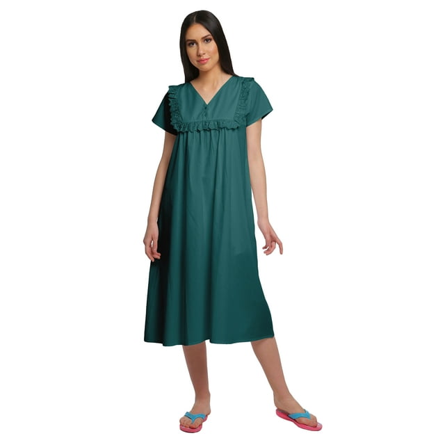Moomaya Robe de Nuit Unie à Manches Courtes pour Femmes, Col en V, en Coton