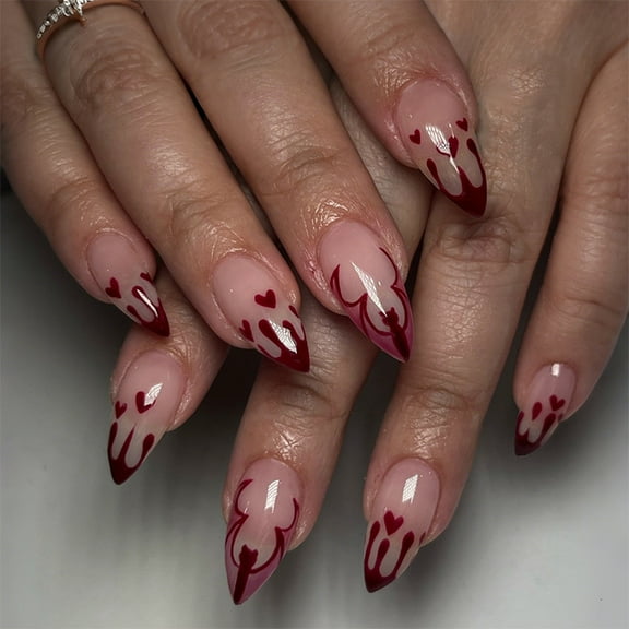 Halloween Wearable Nail Art - Almond Shape with Bat and Blood, Simple Style, Red Blood - colored and Whitening Wearable Nail Art