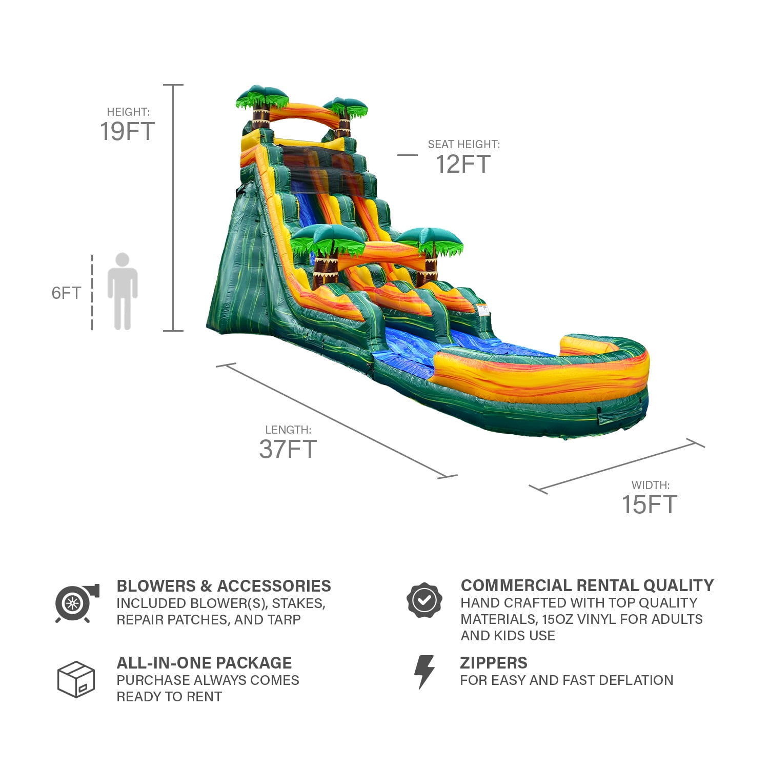 JumpOrange 19FT Cali Palms Commercial Grade Water Slide Inflatable with Detachable Pool for Kids and Adults with Blower