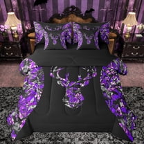 Manfei Jungle Deer Skull 7 Pieces Bedding Comforter Set,Purple Black Full Bedding Set,Hunting Camo Fitted Sheet Flat Sheet For Kids,Super Cozy Room Decor Reversible