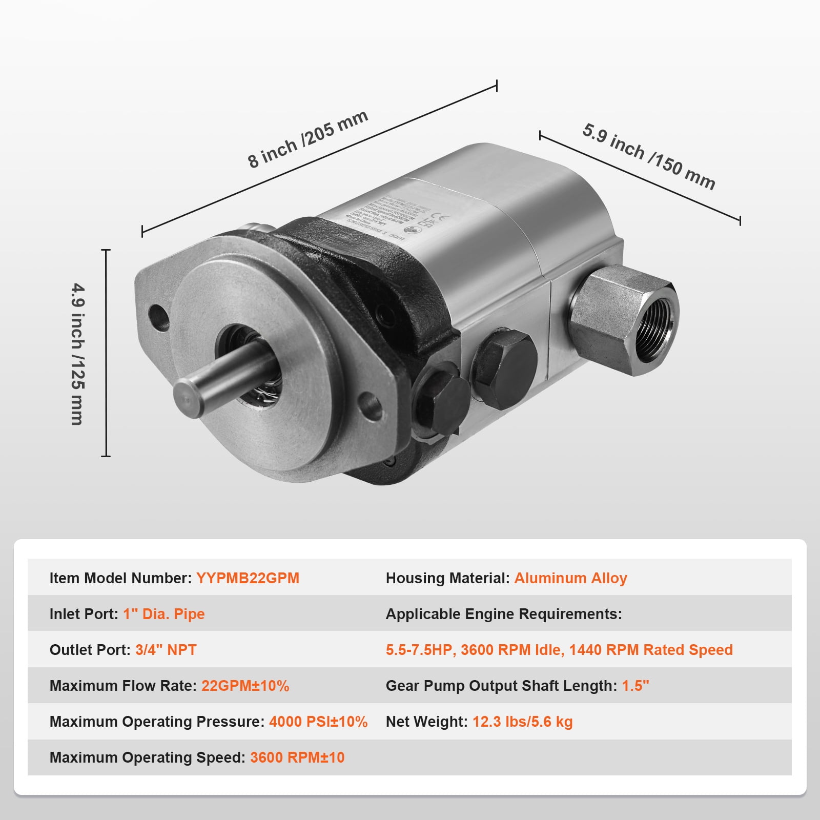 SKYSHALO Hydraulic Gear Pump for Log Splitting, 22GPM 2-Stage, 4000PSI, with 1-1/4'' Inlet and 3/4'' NPT Outlet, 3600 RPM, Aluminum Construction, Suitable for Small Engine Log Splitters and Snowplows