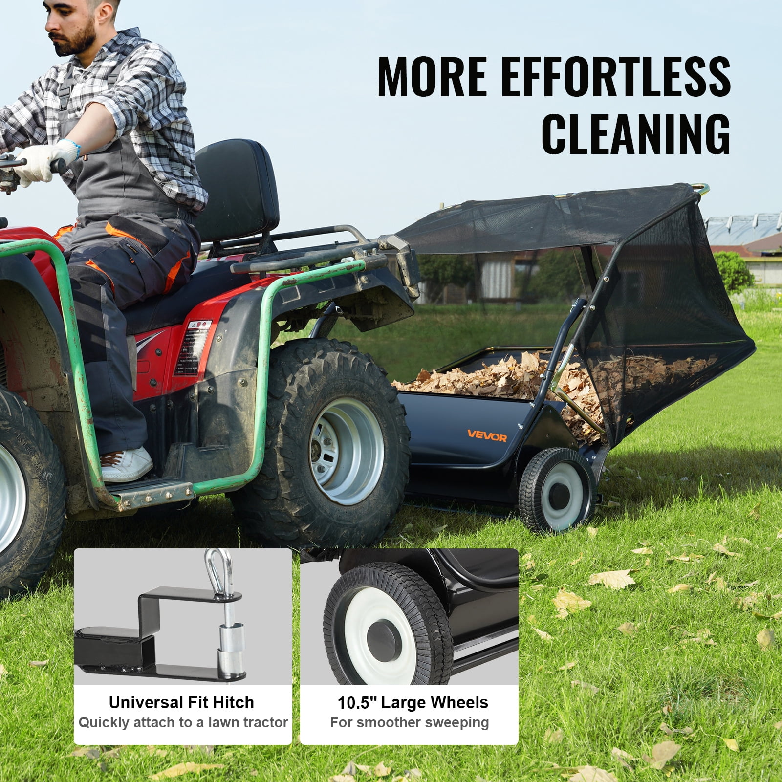 VEVOR Tow Behind Lawn Sweeper, 50 in Pull Behind Lawn Sweeper, 26 Cu. ft Large Capacity Leaf & Grass Collector, Heavy Duty Garden Sweeper with Adjustable Sweeping Height for Yard, Lawn, Farm