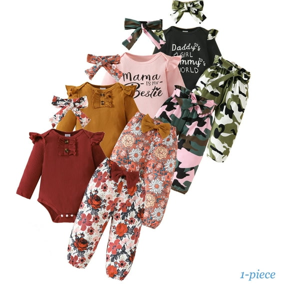 Emy Dola Baby Girl Clothes Newborn Infant Outfits Ruffle Ribbed Romper Floral Pants Headband Sets for Girls 3pcs