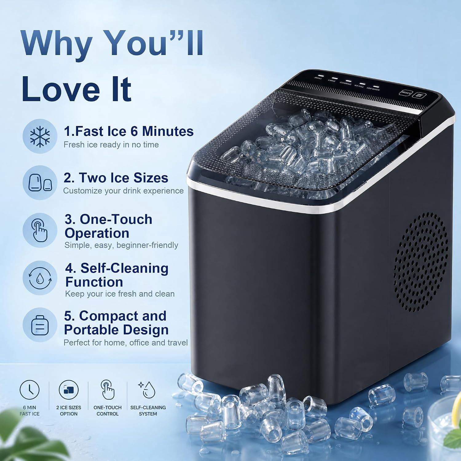Countertop Bullet Ice Maker Machine 33lbs/Day, 6 Mins Fast Ice 2 Sizes Auto Self Clean with Ice Basket Scoop for Home Kitchen Office Bar Party RV